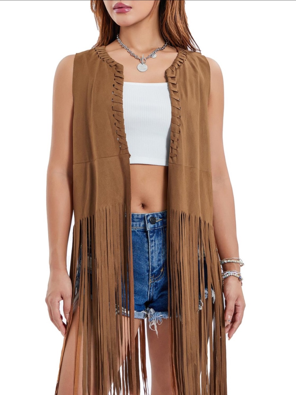 70s or Western-style Fringe Suede-Look Sleeveless Vest in Brown